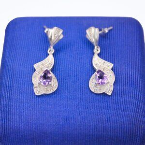 Vintage 925 Sterling Silver Amethyst CZ CW CHARLES WINSTON Dangle Drop Earrings